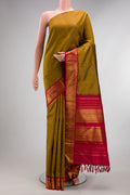 Pure Silk Pure Zari Mehandi Green Dual Tone Kanjivaram Saree with Plain Body and One Side Border.  displayed on a mannequin