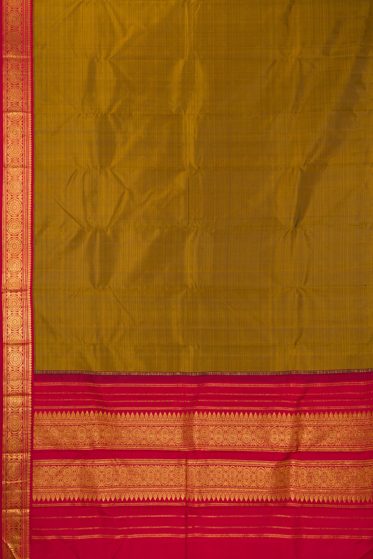 Flat view of Pure Silk Pure Zari Mehandi Green Dual Tone Kanjivaram Saree with Plain Body and One Side Border. 