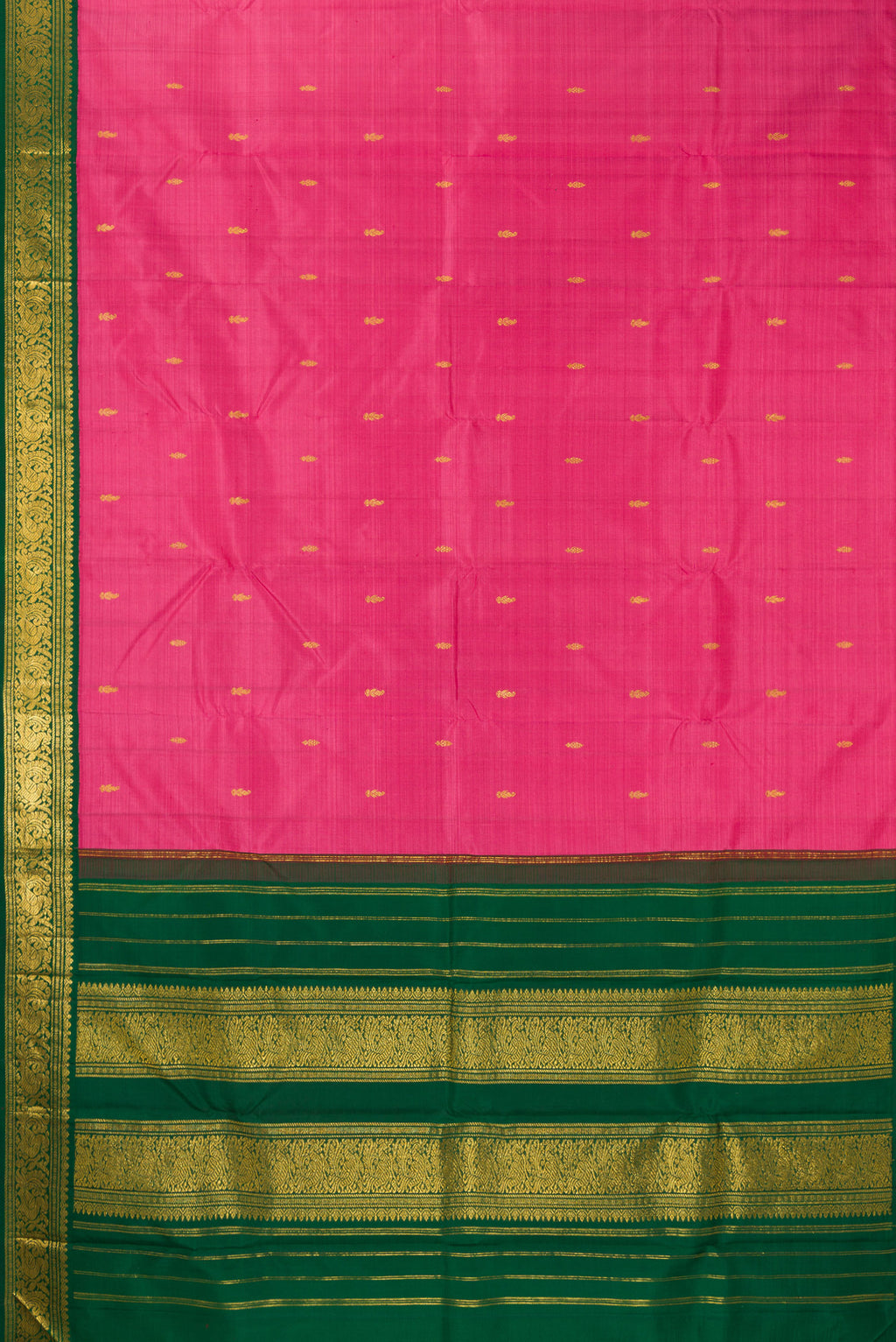 Flat view of Pure Silk Pure Zari Pink Kanjivaram Saree with Zari Butta on the body and One Side Border. 