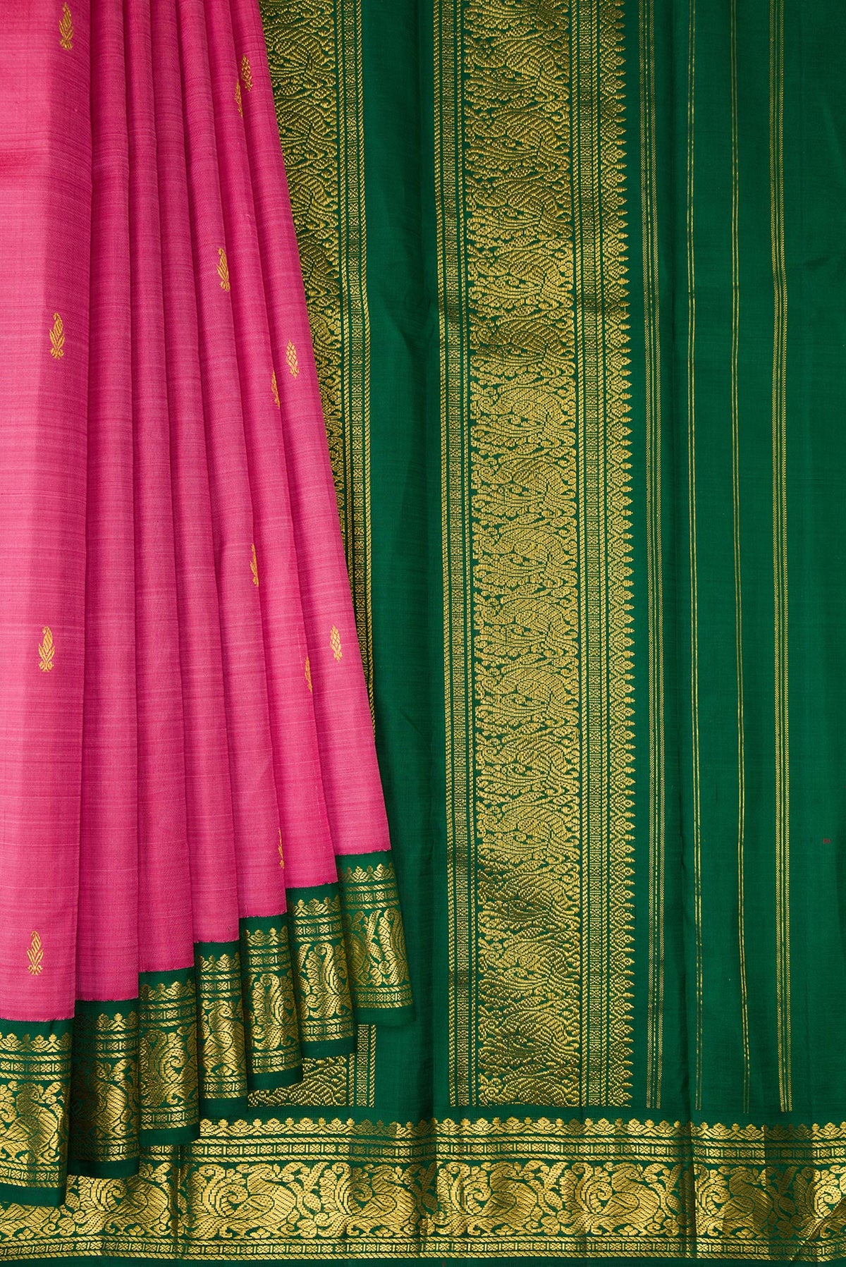 Pleats and pallu of Pure Silk Pure Zari Pink Kanjivaram Saree with Zari Butta on the body and One Side Border. 