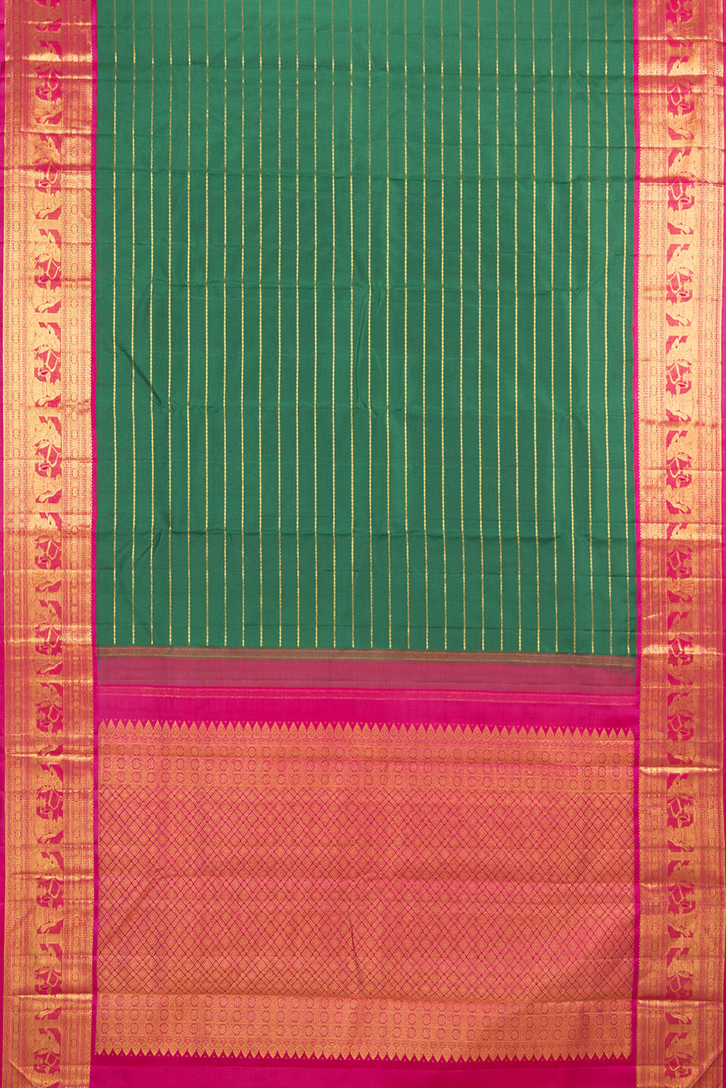 Flat view of Pure Silk Bottle Green Kanchipuram Saree with Veldhari on the body and Zari Border. 