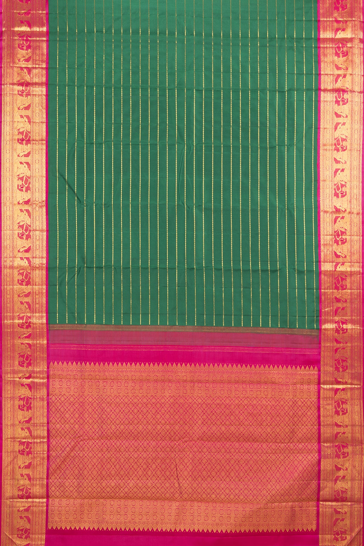 Flat view of Pure Silk Bottle Green Kanchipuram Saree with Veldhari on the body and Zari Border. 
