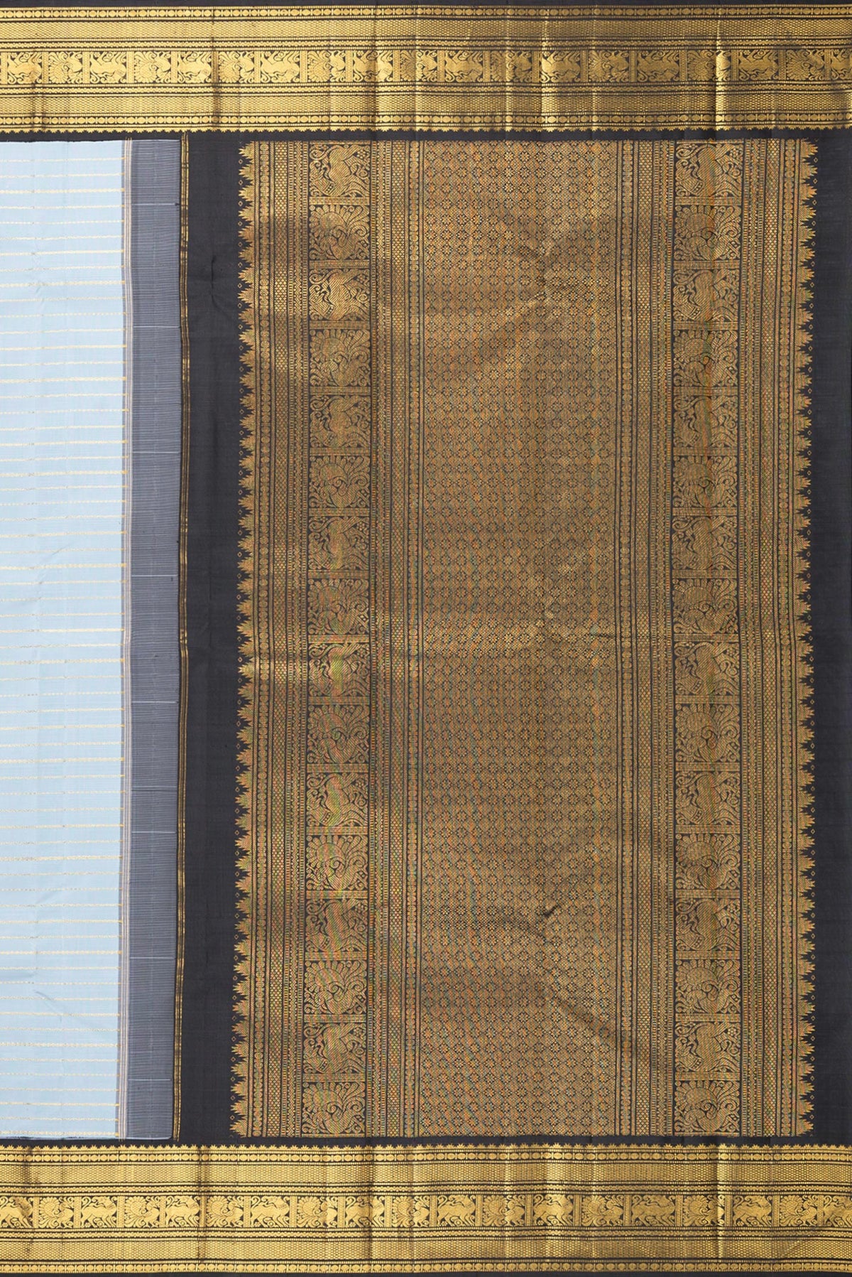 Close up image of the pallu of Pure Silk Light Blue Kanjivaram Saree with Veldhari on the body and Zari Border. 