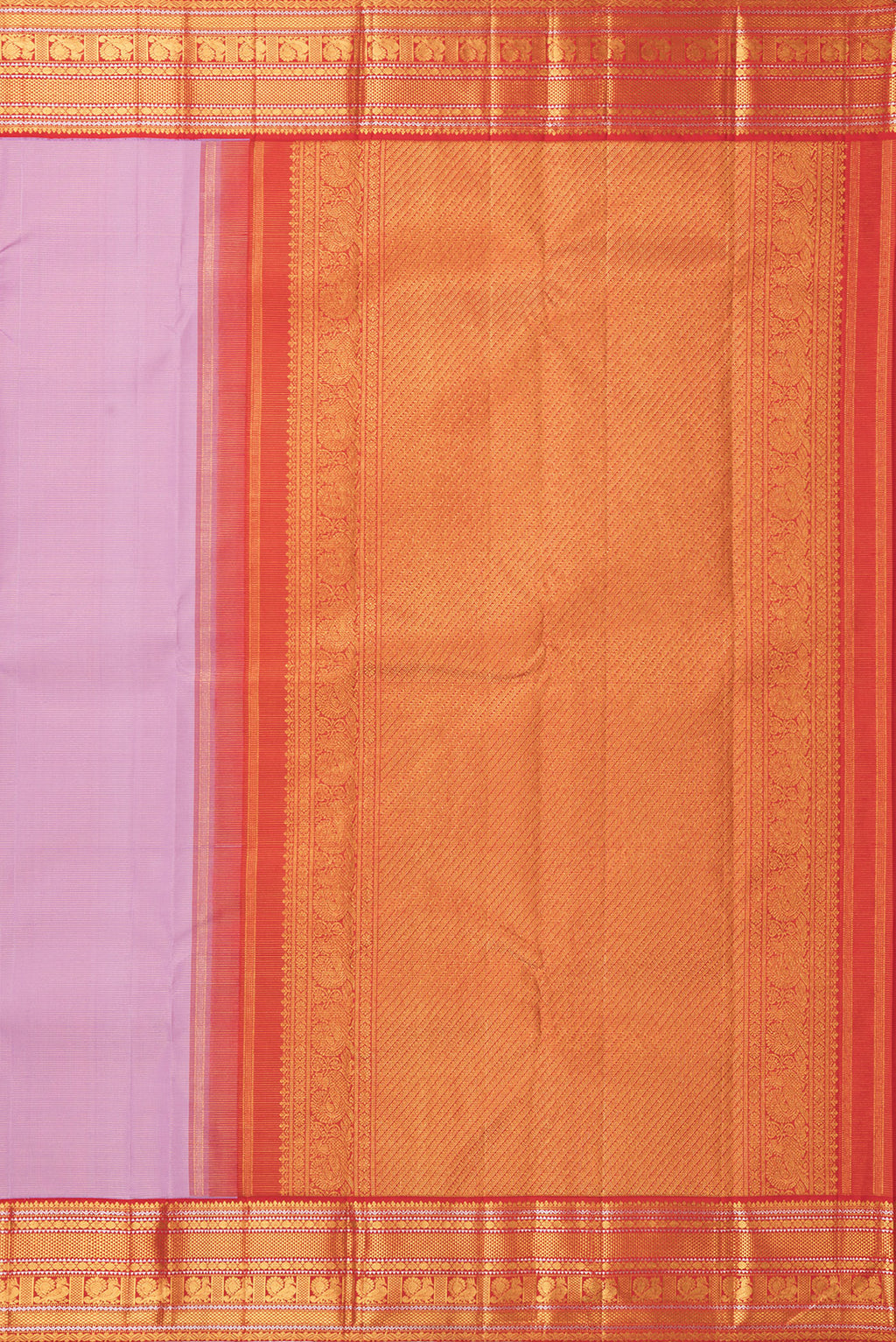 Close up image of the pallu of Pure Silk Pink Kanjivaram Saree with Stripes on the body and Zari Border. 