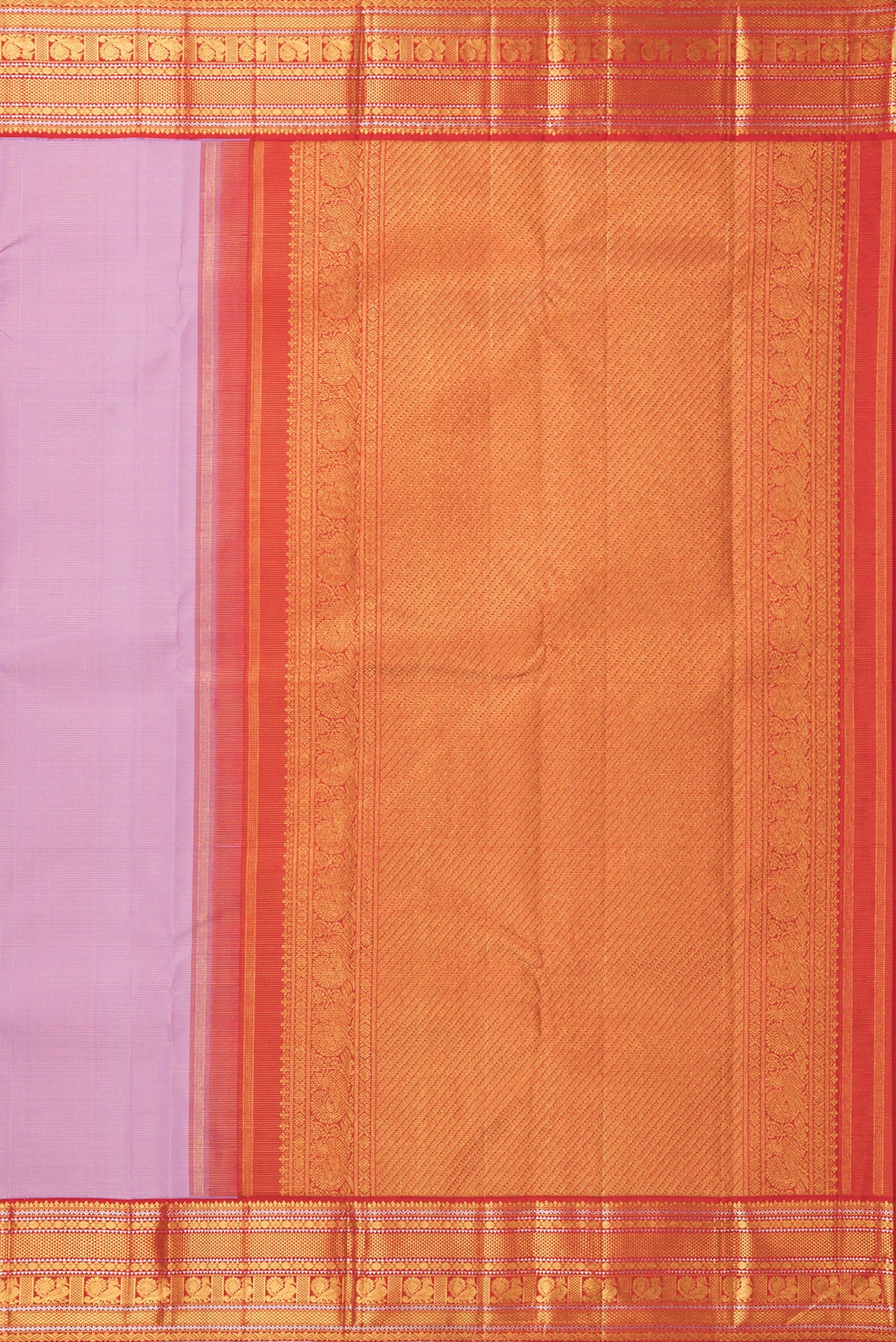 Close up image of the pallu of Pure Silk Pink Kanjivaram Saree with Stripes on the body and Zari Border. 