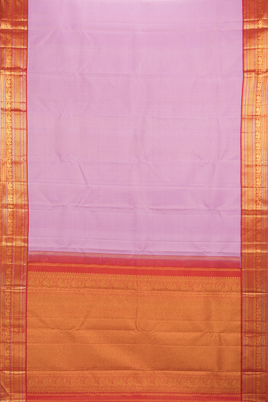 Flat view of Pure Silk Pink Kanjivaram Saree with Stripes on the body and Zari Border. 