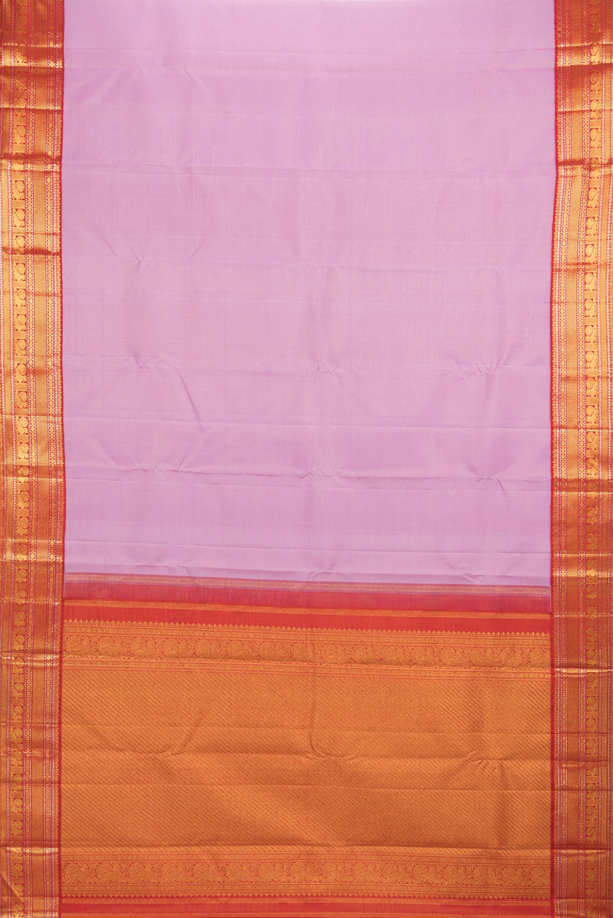 Flat view of Pure Silk Pink Kanjivaram Saree with Stripes on the body and Zari Border. 