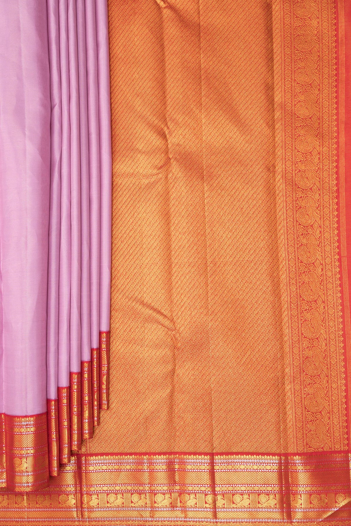 Pleats and pallu of Pure Silk Pink Kanjivaram Saree with Stripes on the body and Zari Border. 