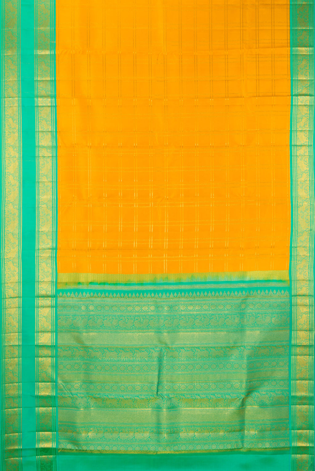 Flat view of Pure Silk Yellow Kanjivaram Saree with Checked design on the body and Zari Border. 
