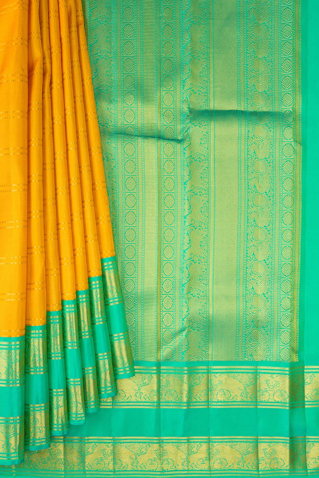 Pleats and pallu of Pure Silk Yellow Kanjivaram Saree with Checked design on the body and Zari Border. 