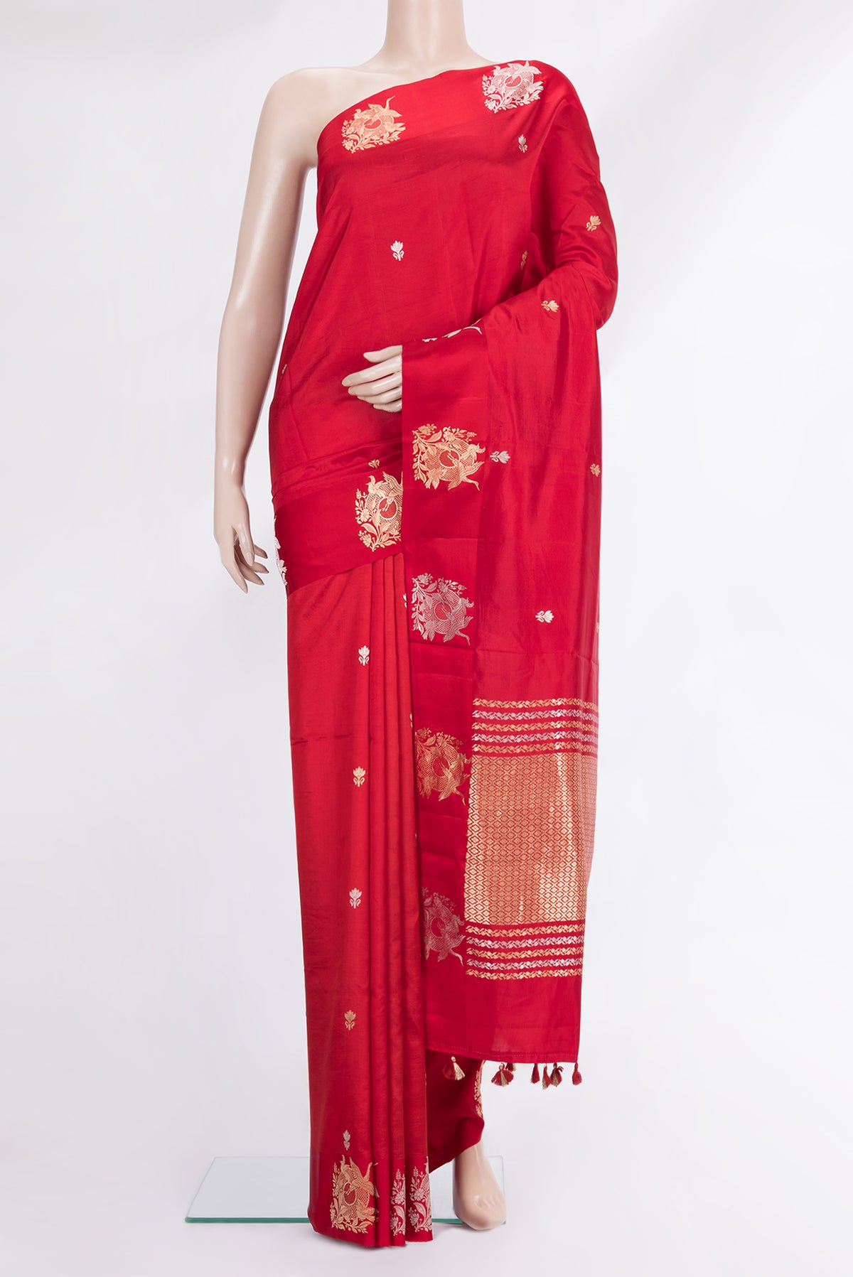 Pure Silk Red Banarasi Katan Saree with Zari Butta on the body and Fancy Border.  displayed on a mannequin