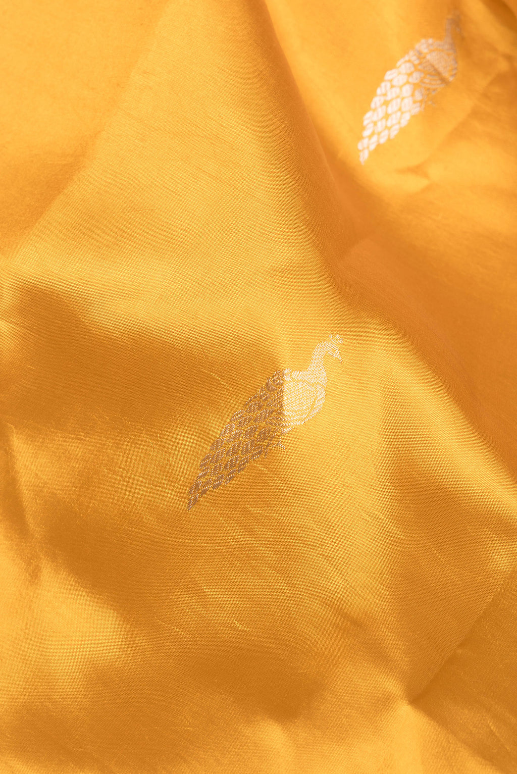 Close up of Pure Silk Mustard Banarasi Katan Saree with Zari Butta on the body and Fancy Border.  displaying folds