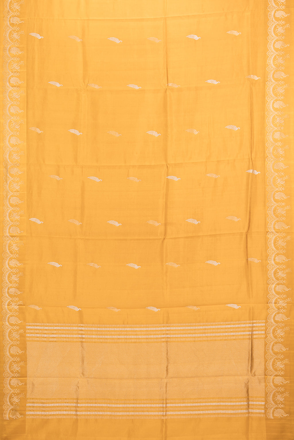 Flat view of Pure Silk Mustard Banarasi Katan Saree with Zari Butta on the body and Fancy Border. 