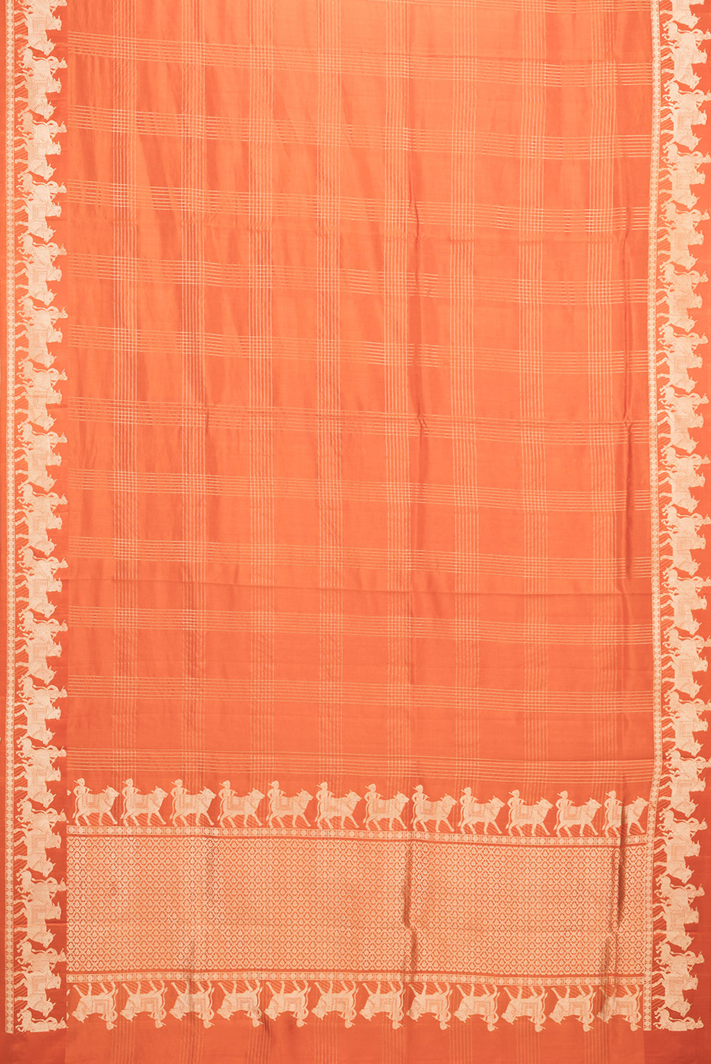Flat view of Orange Tussar Saree with Checked design on the body and Fancy Border. 