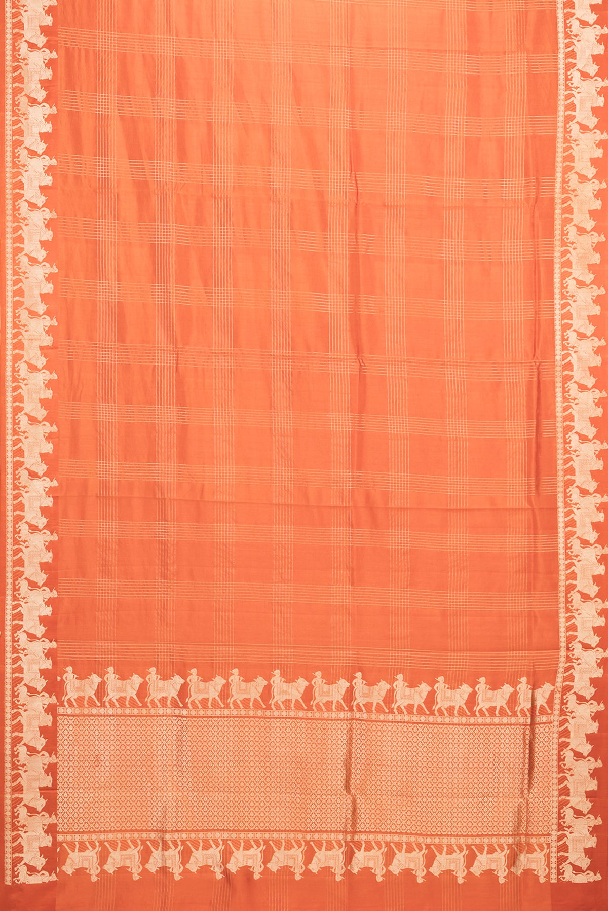 Flat view of Orange Tussar Saree with Checked design on the body and Fancy Border. 