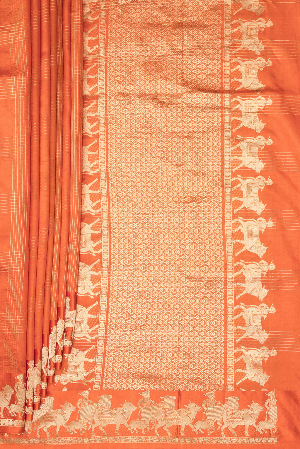 Pleats and pallu of Orange Tussar Saree with Checked design on the body and Fancy Border. 