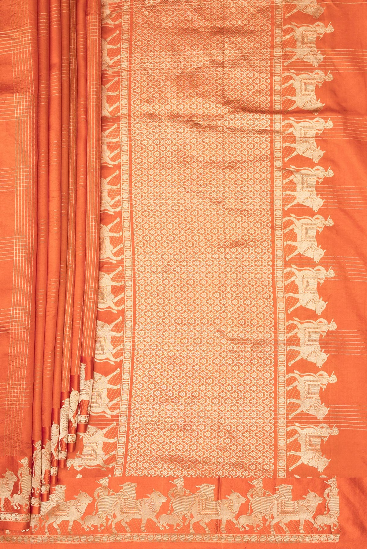 Pleats and pallu of Orange Tussar Saree with Checked design on the body and Fancy Border. 