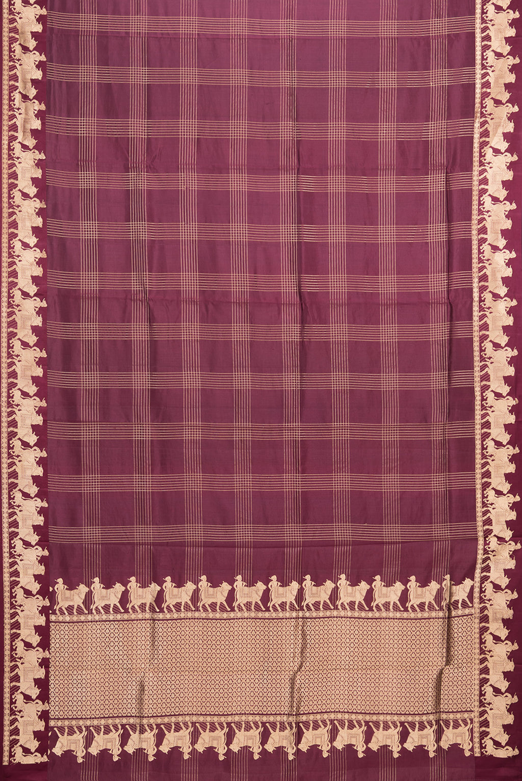 Flat view of Maroon Tussar Saree with Checked design on the body and Fancy Border. 