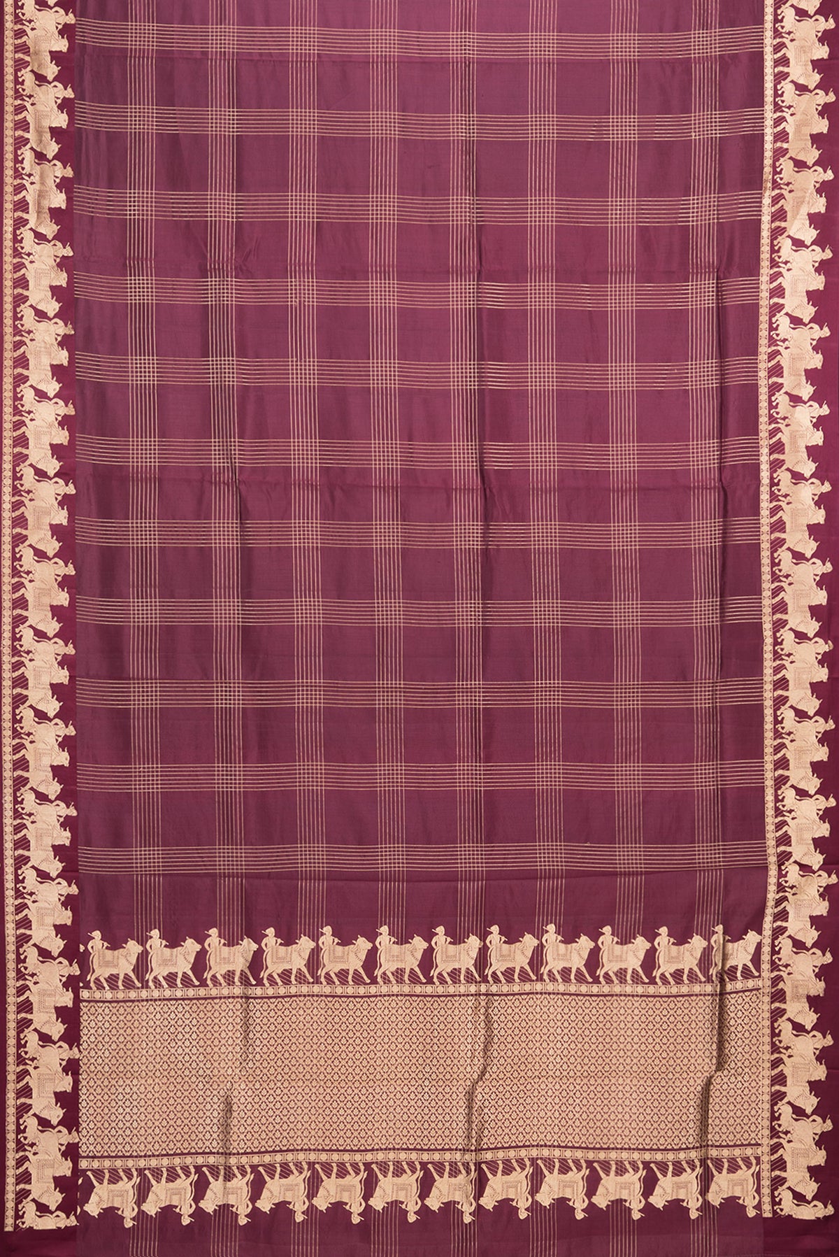 Flat view of Maroon Tussar Saree with Checked design on the body and Fancy Border. 