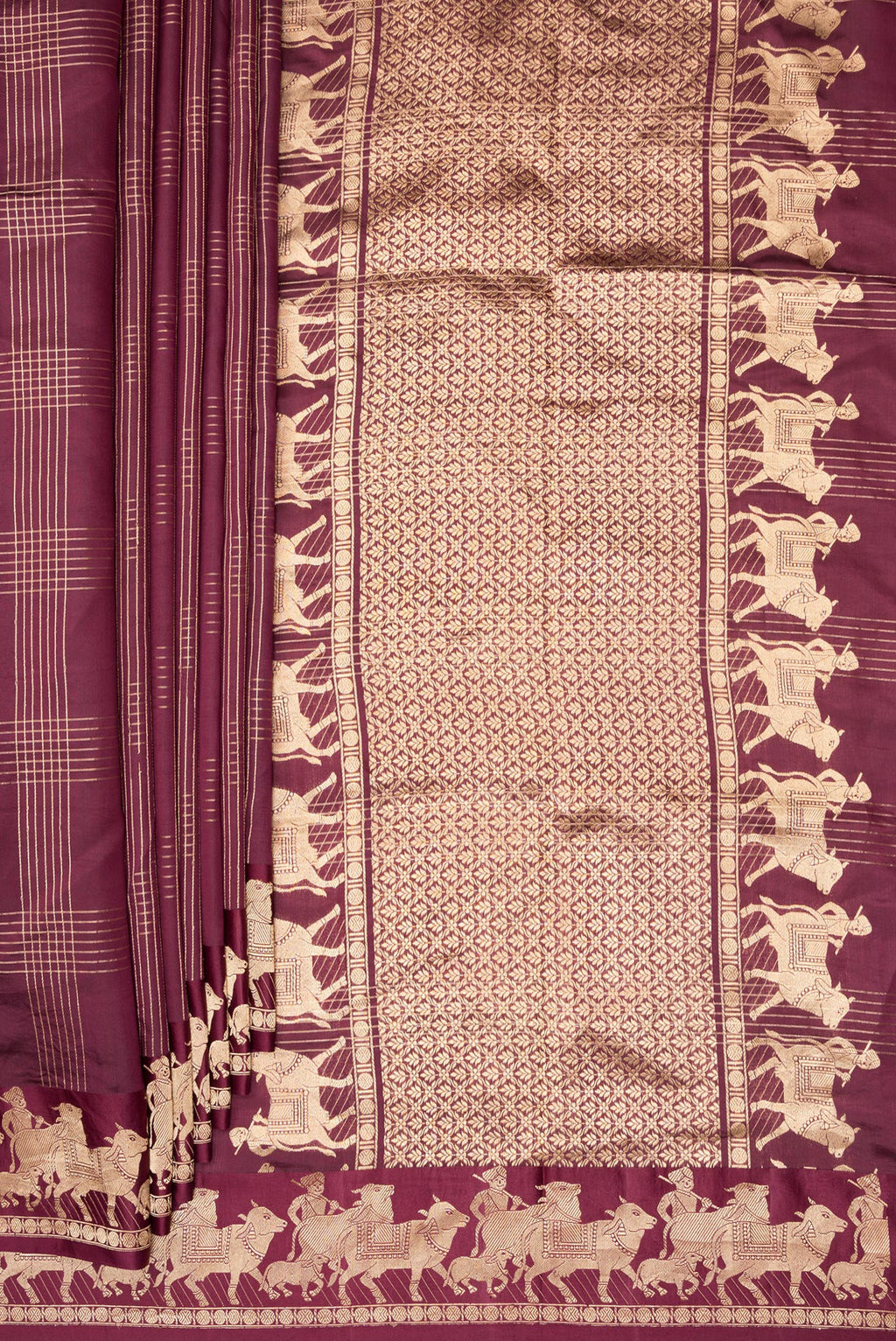 Pleats and pallu of Maroon Tussar Saree with Checked design on the body and Fancy Border. 