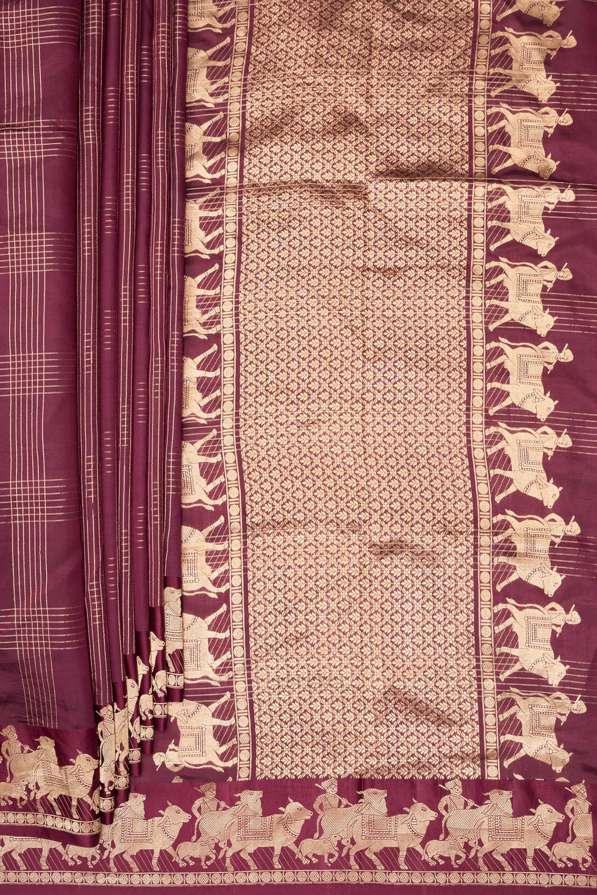 Pleats and pallu of Maroon Tussar Saree with Checked design on the body and Fancy Border. 