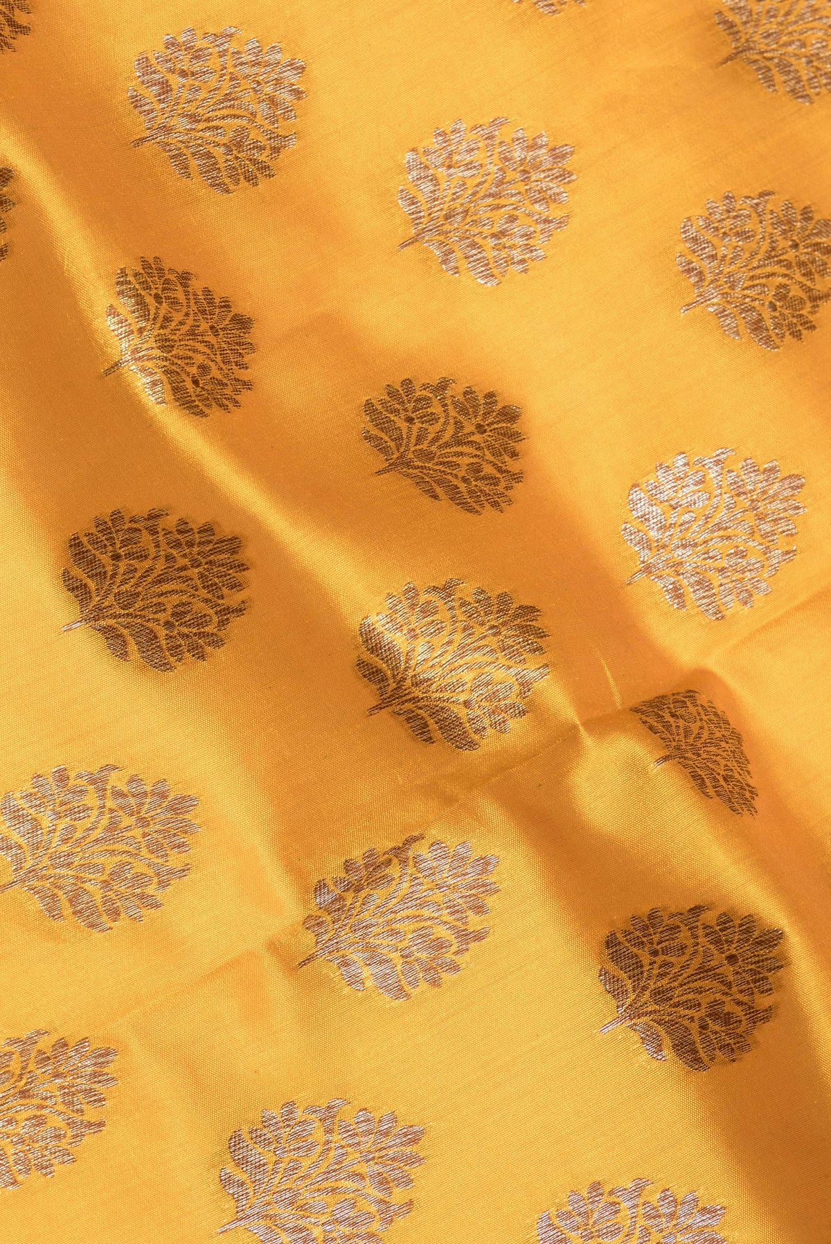 Close up of Mustard Raw Saree with Zari Butta on the body and Zari Border.  displaying folds