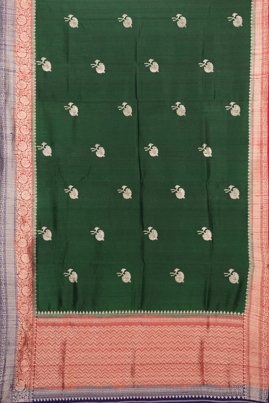 Flat view of Pure Silk Bottle Green Banarasi Tussar Saree with Zari Butta on the body and Zari Border. 