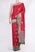Pure Silk Red Banarasi Tussar Saree with Zari Butta on the body and Zari Border.  displayed on a mannequin