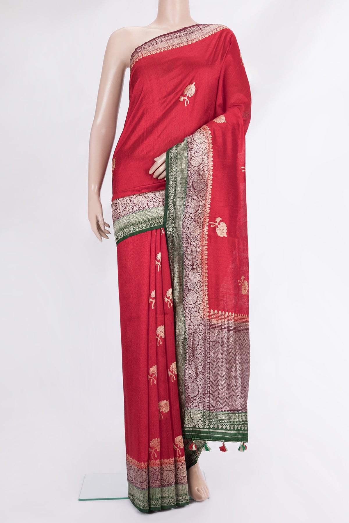 Pure Silk Red Banarasi Tussar Saree with Zari Butta on the body and Zari Border.  displayed on a mannequin