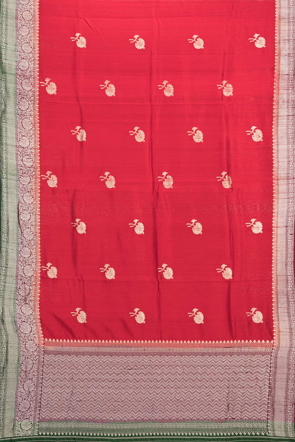 Flat view of Pure Silk Red Banarasi Tussar Saree with Zari Butta on the body and Zari Border. 