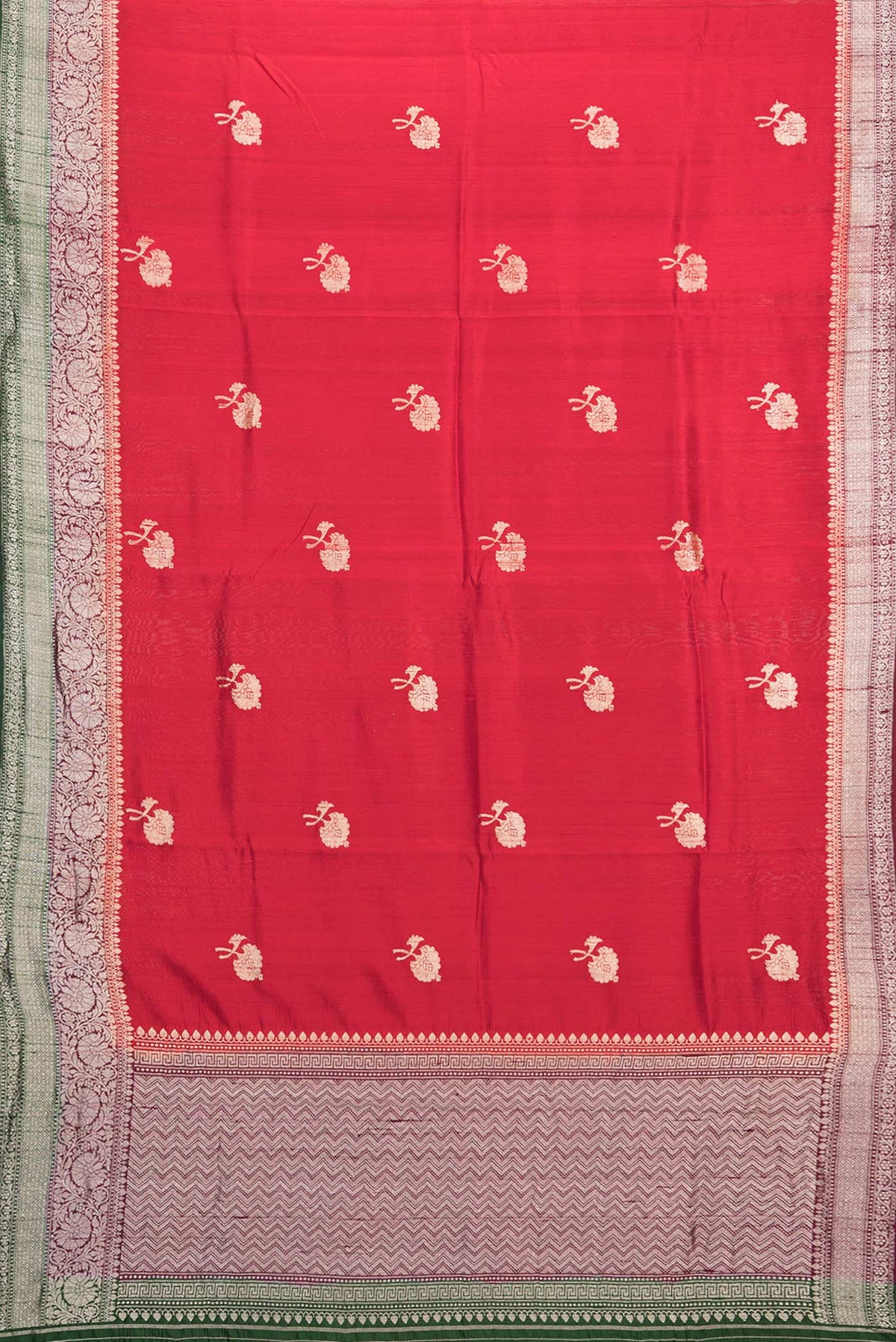 Flat view of Pure Silk Red Banarasi Tussar Saree with Zari Butta on the body and Zari Border. 