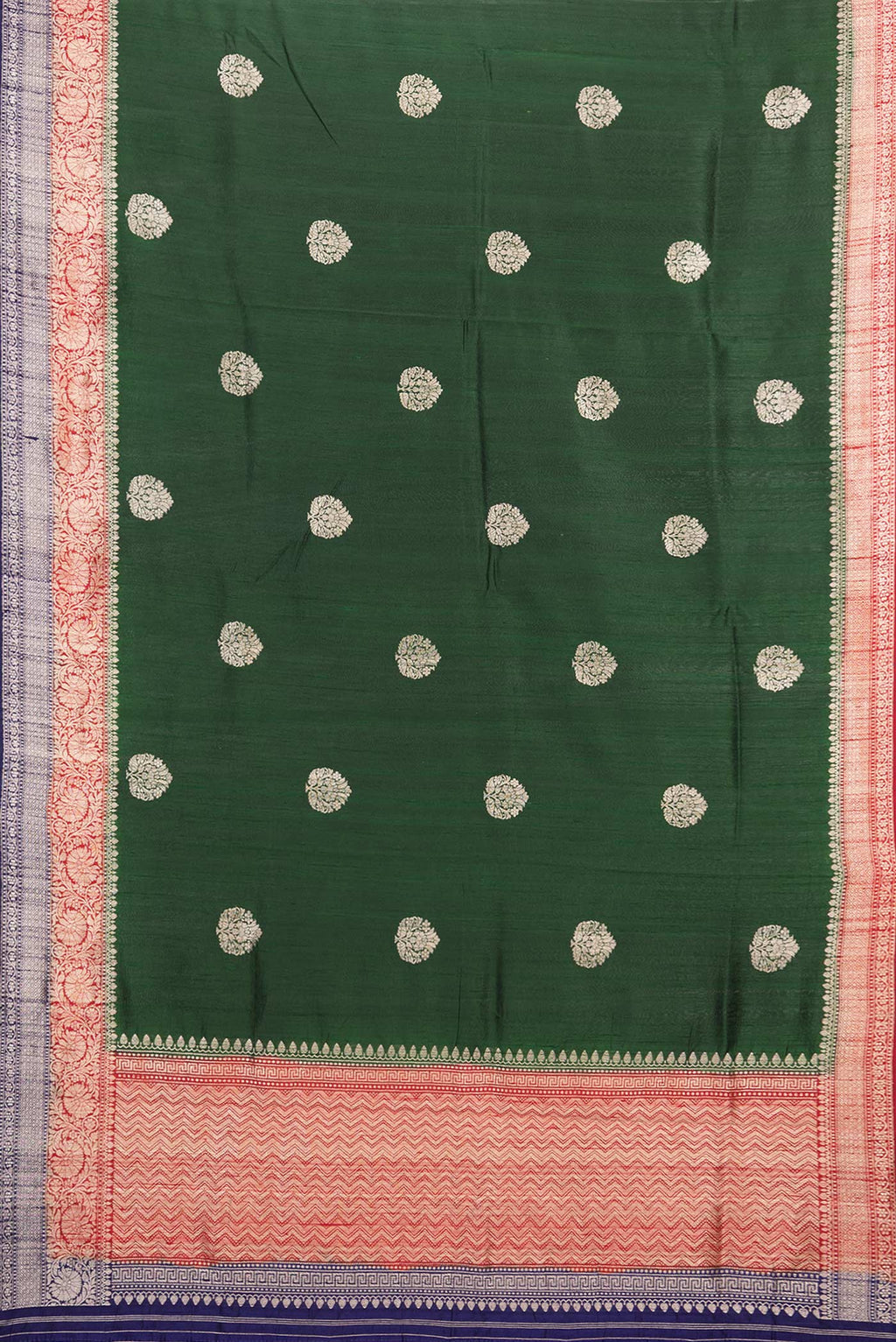 Flat view of Pure Silk Bottle Green Banarasi Tussar Saree with Zari Butta on the body and Zari Border. 