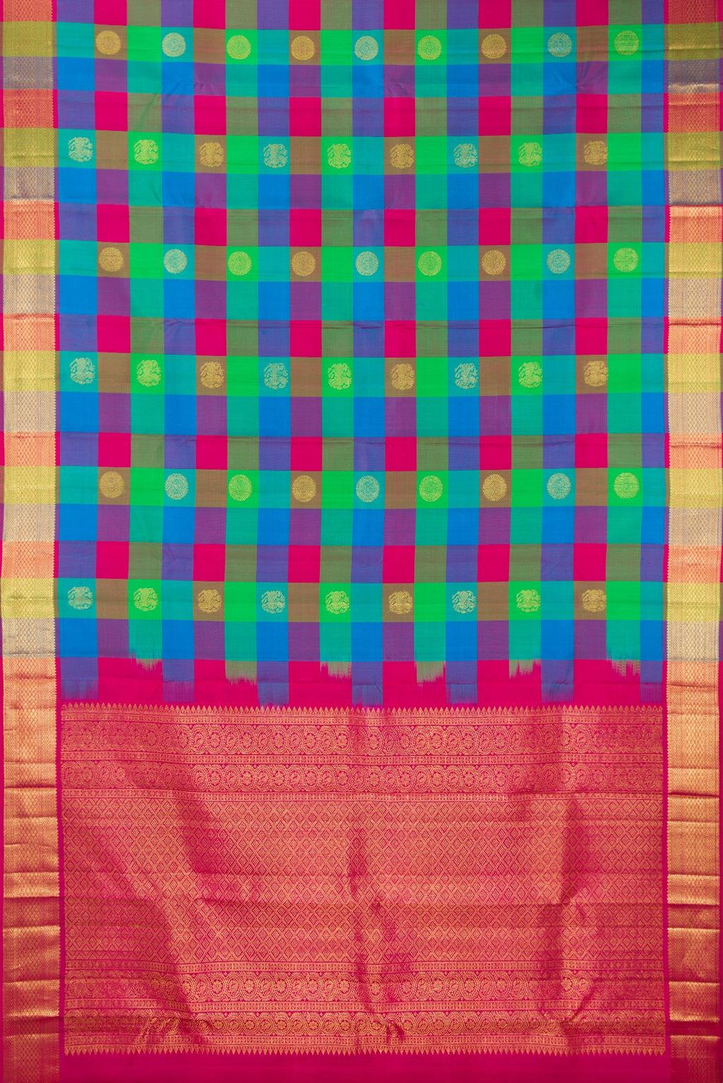 Flat view of Pure Silk Multi Color Kanjivaram Saree with Checked design on the body and Zari Border. 