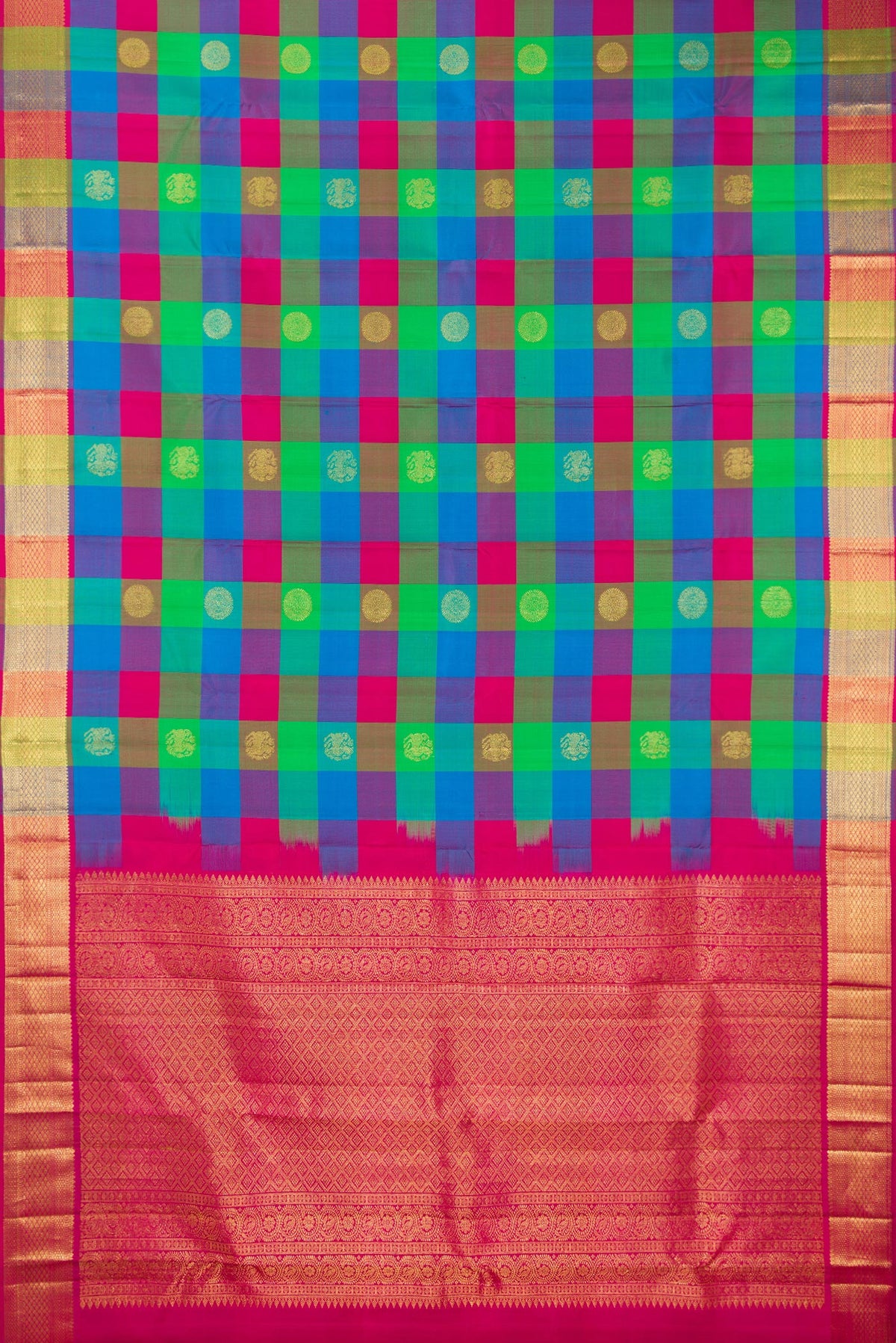 Flat view of Pure Silk Multi Color Kanjivaram Saree with Checked design on the body and Zari Border. 