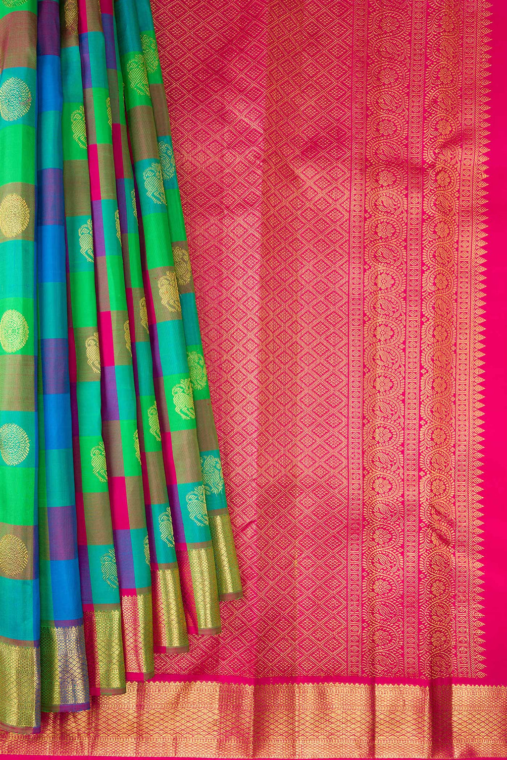 Pleats and pallu of Pure Silk Multi Color Kanjivaram Saree with Checked design on the body and Zari Border. 