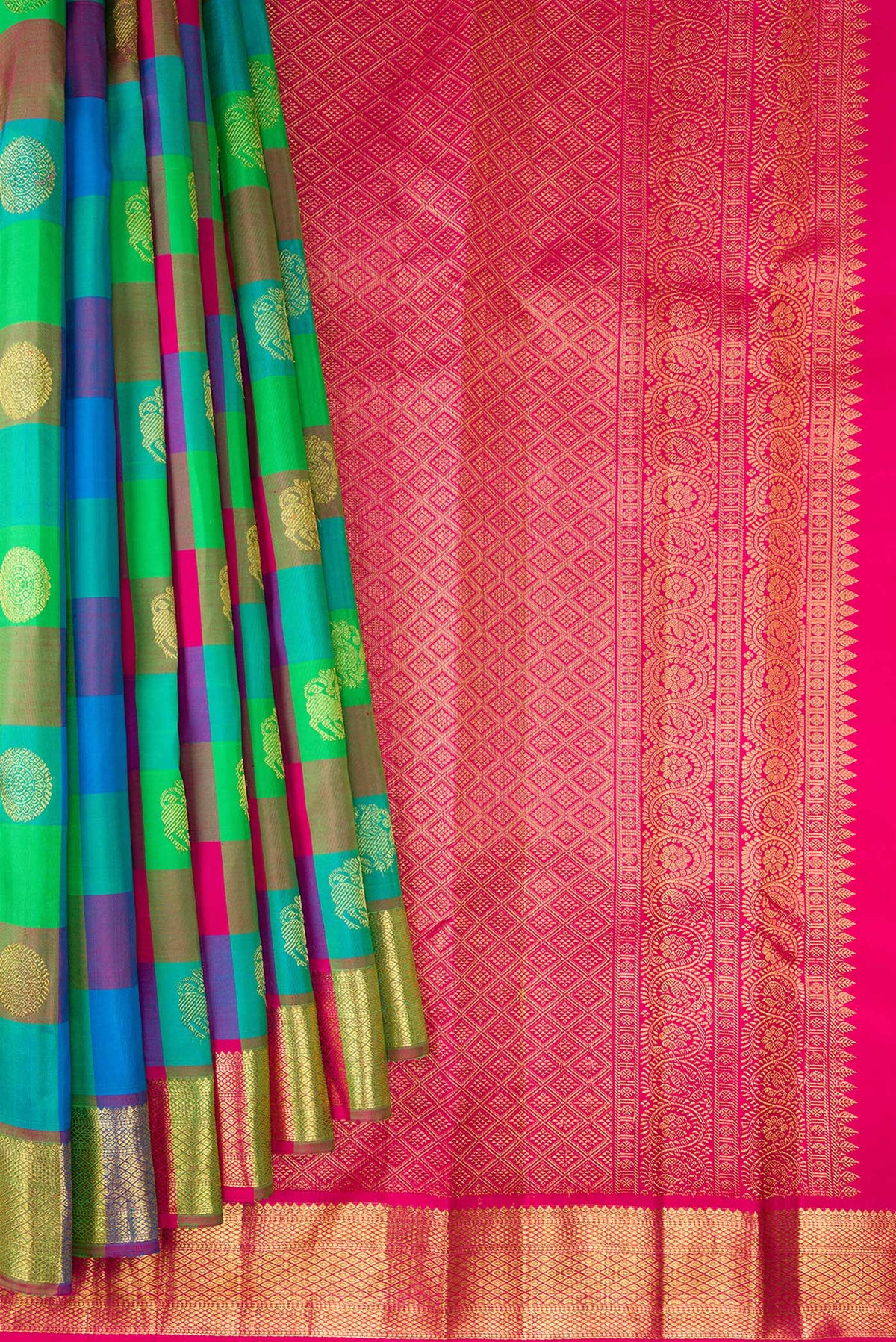 Pleats and pallu of Pure Silk Multi Color Kanjivaram Saree with Checked design on the body and Zari Border. 
