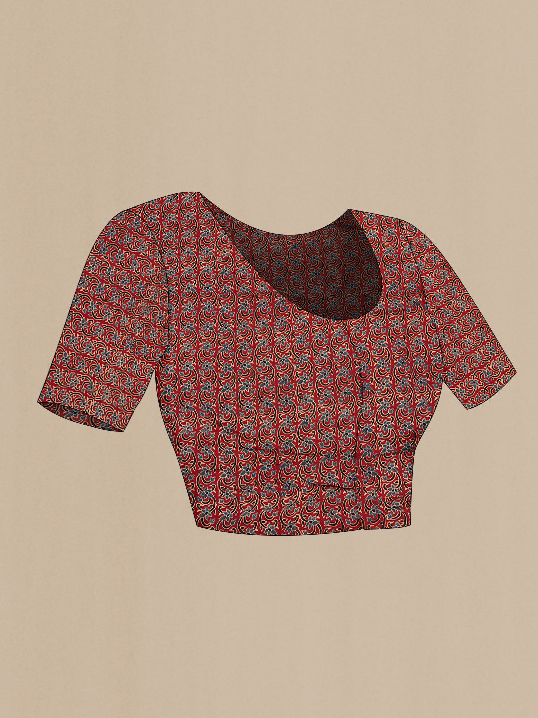 Close up image of the blouse of Rust Blended Satin Silk Saree with Ajrakh Print on the body and Printed Border. 