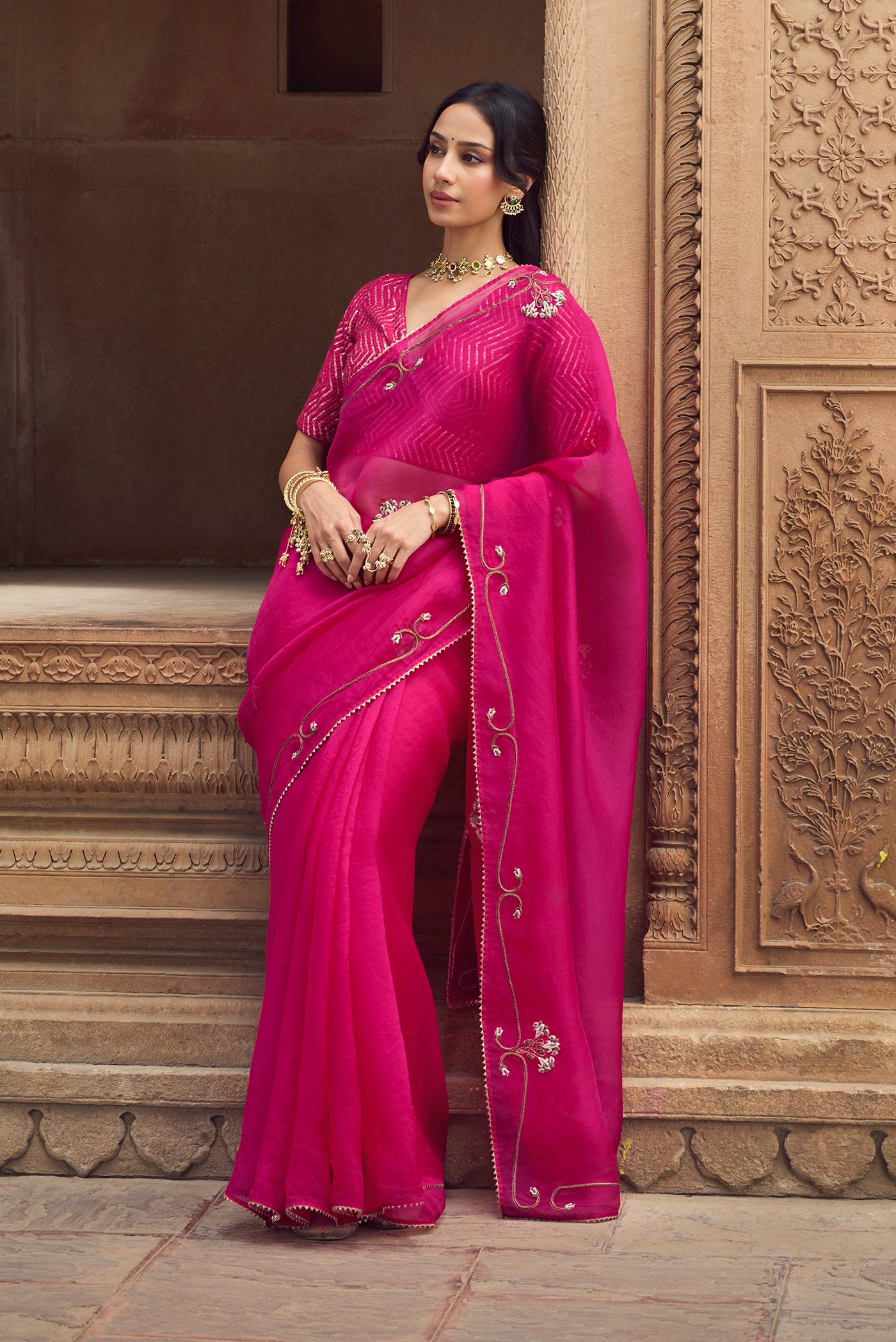 Meher- Jewel Pink Zardozi Organza Silk Saree