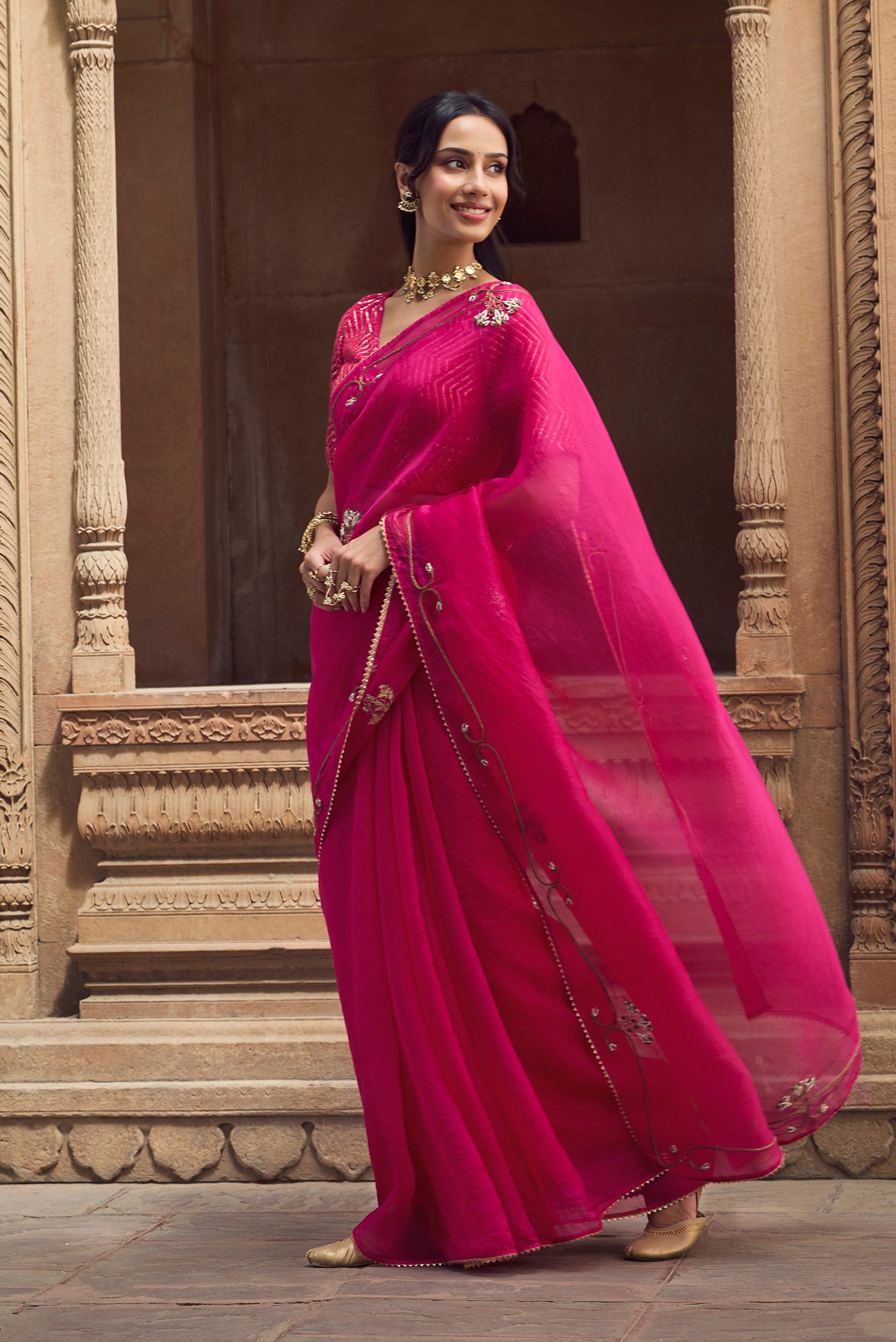 Meher- Jewel Pink Zardozi Organza Silk Saree