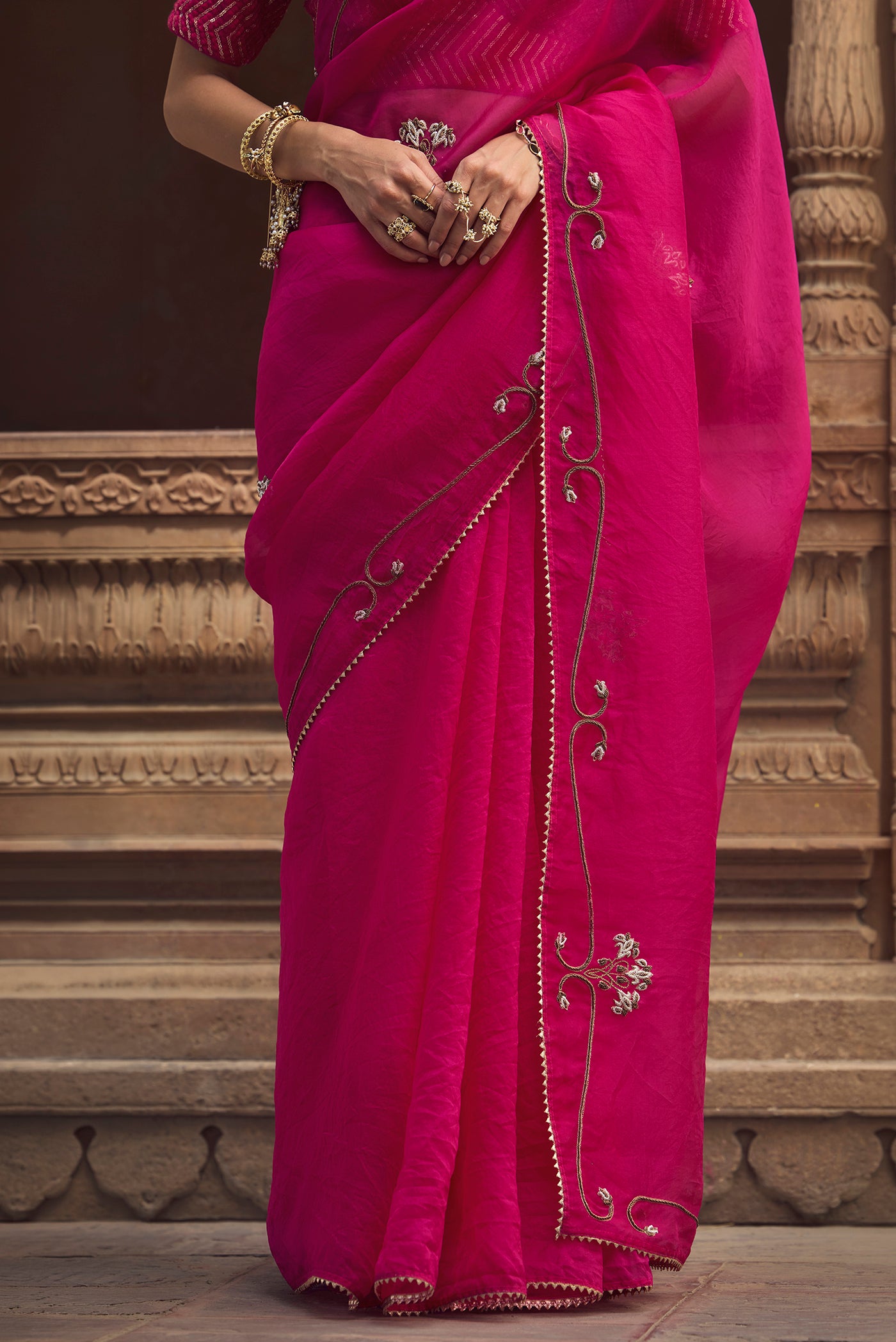 Meher- Jewel Pink Zardozi Organza Silk Saree
