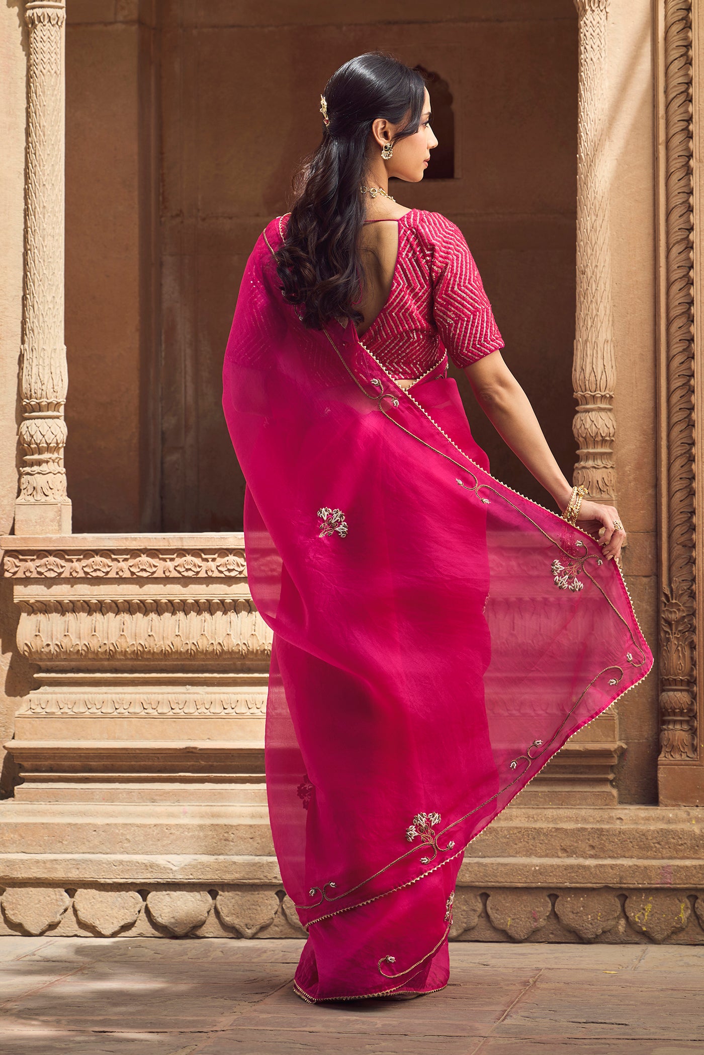 Meher- Jewel Pink Zardozi Organza Silk Saree