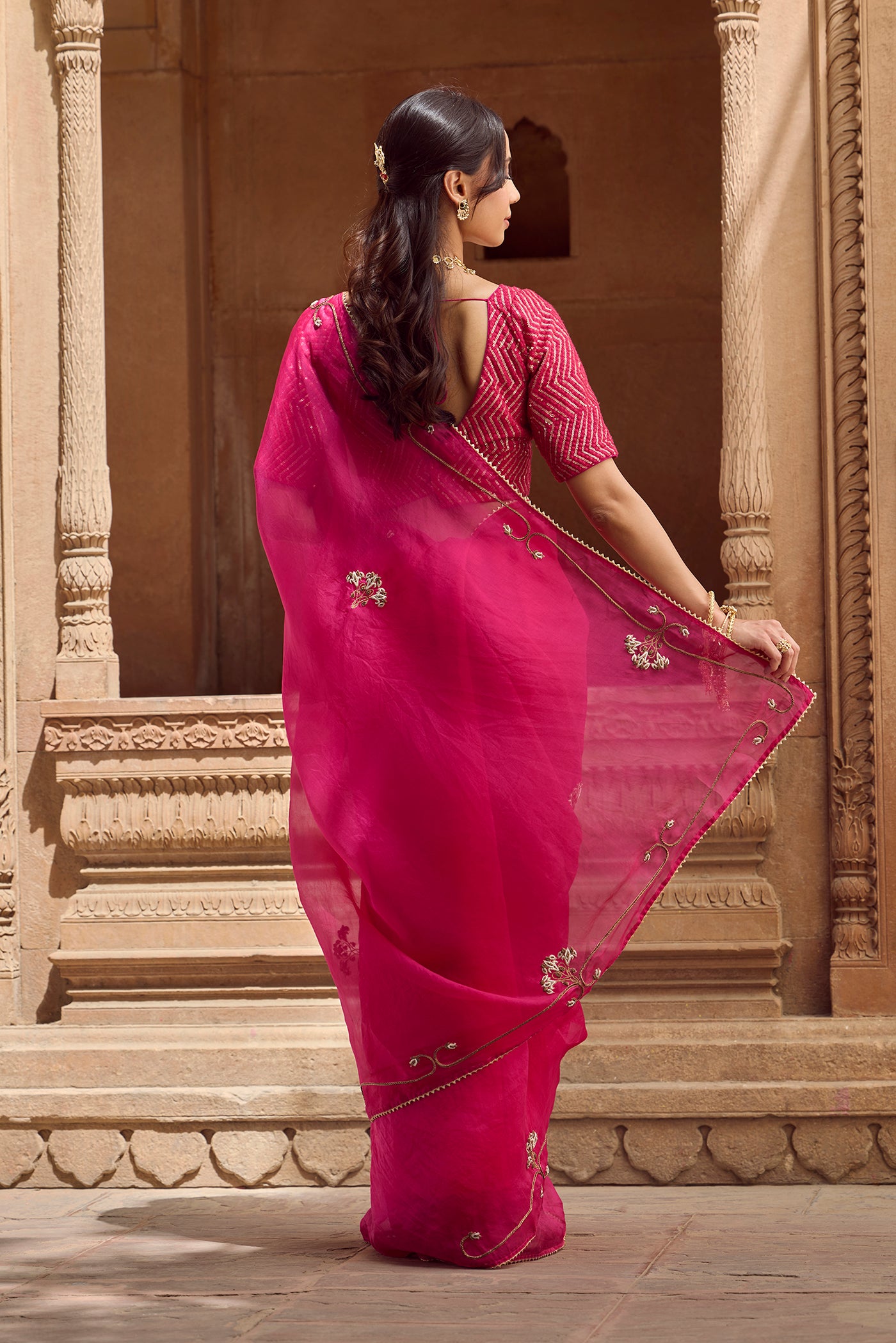 Meher- Jewel Pink Zardozi Organza Silk Saree