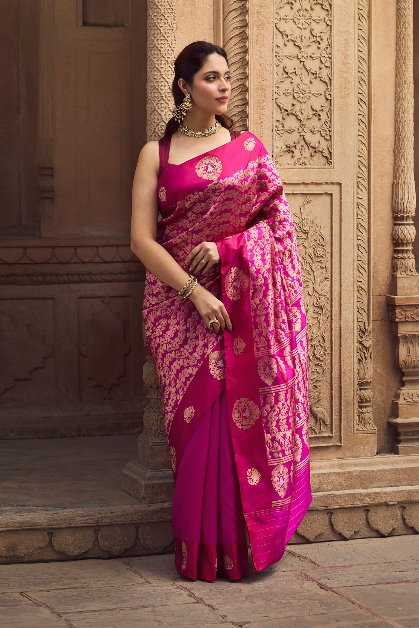 Anaar- Fuchsia Pink Banarasi Katan Silk Saree