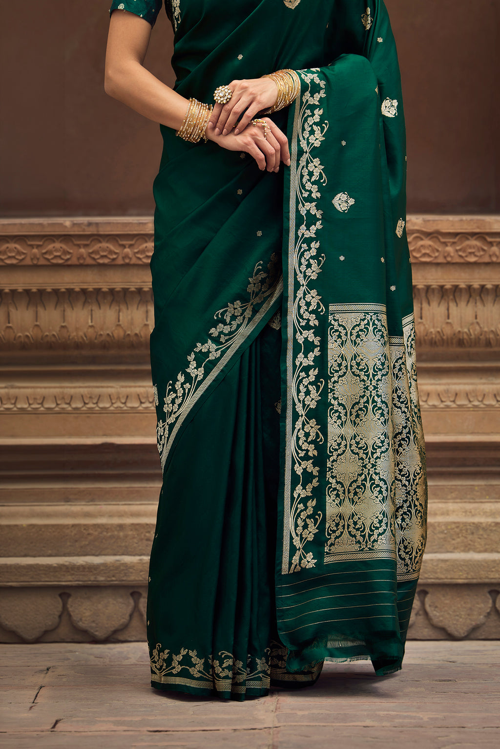 Gul - Deep Emerald Green Banarasi Katan Silk Saree