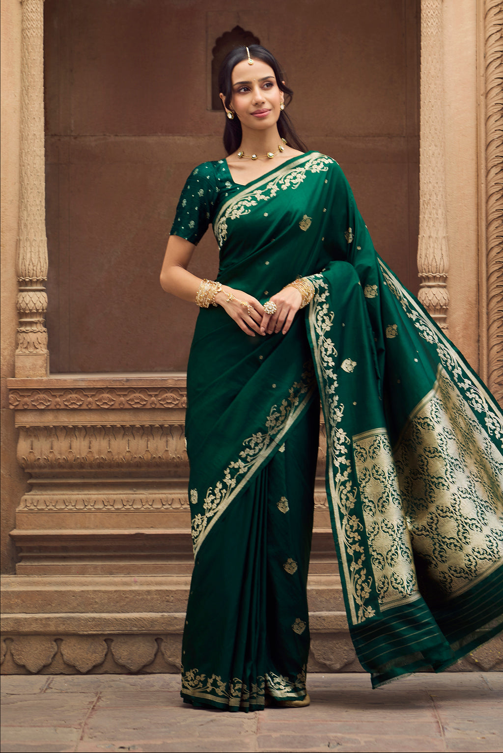 Gul - Deep Emerald Green Banarasi Katan Silk Saree