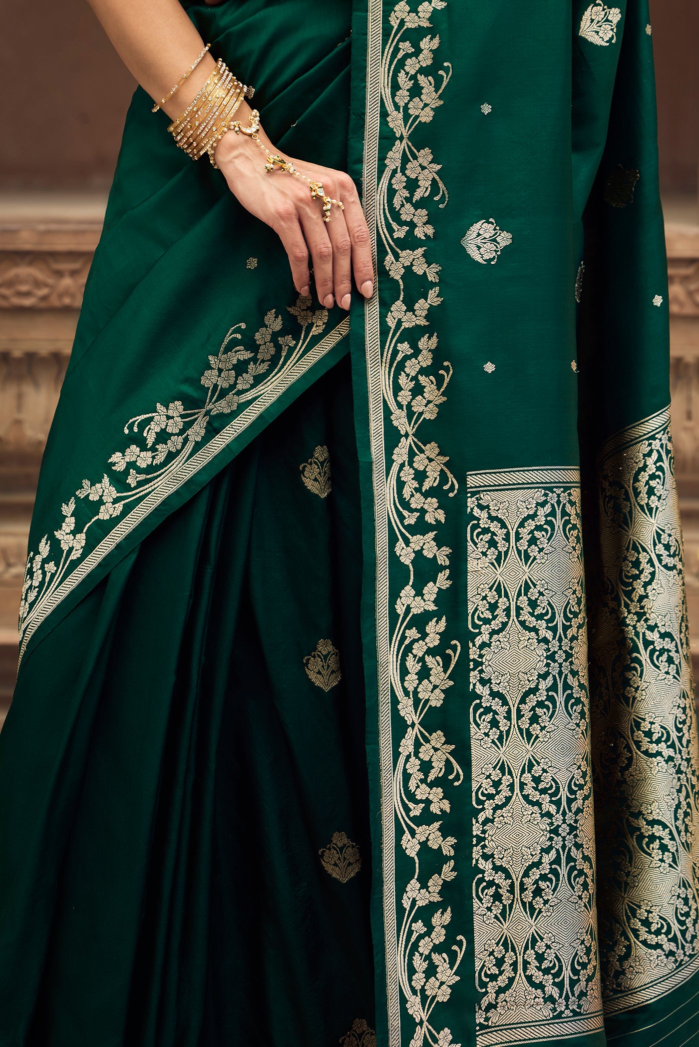 Gul - Deep Emerald Green Banarasi Katan Silk Saree