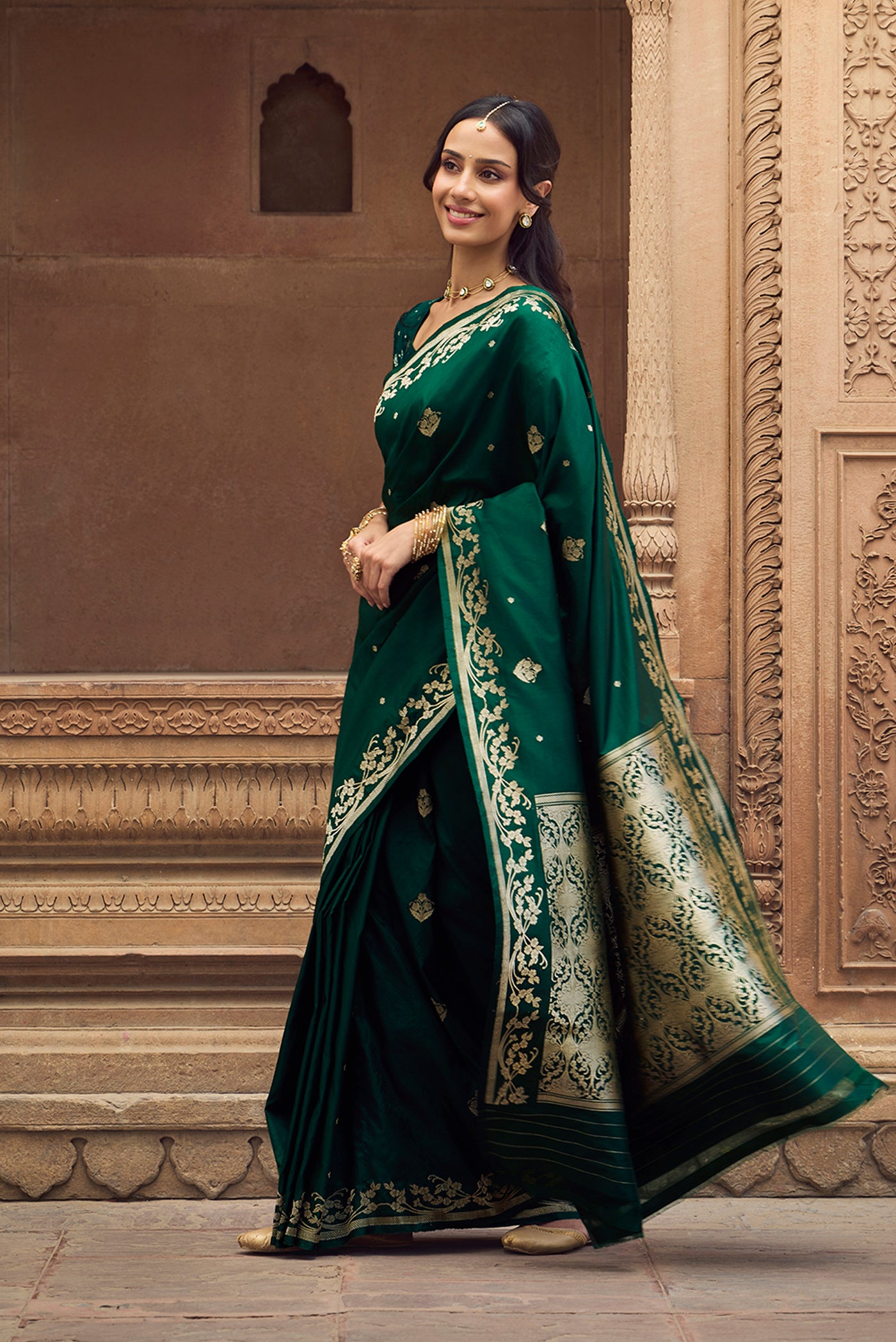 Gul - Deep Emerald Green Banarasi Katan Silk Saree