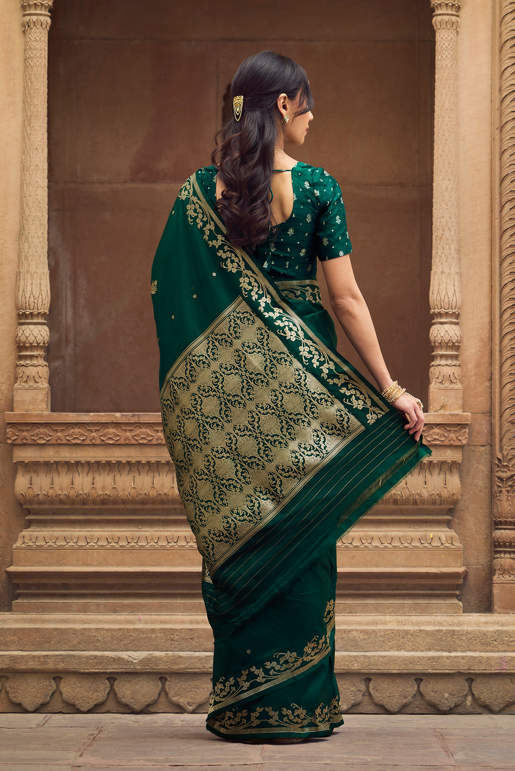 Gul - Deep Emerald Green Banarasi Katan Silk Saree