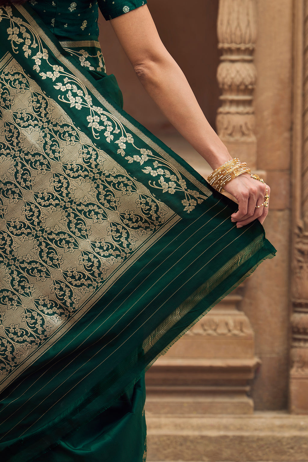 Gul - Deep Emerald Green Banarasi Katan Silk Saree