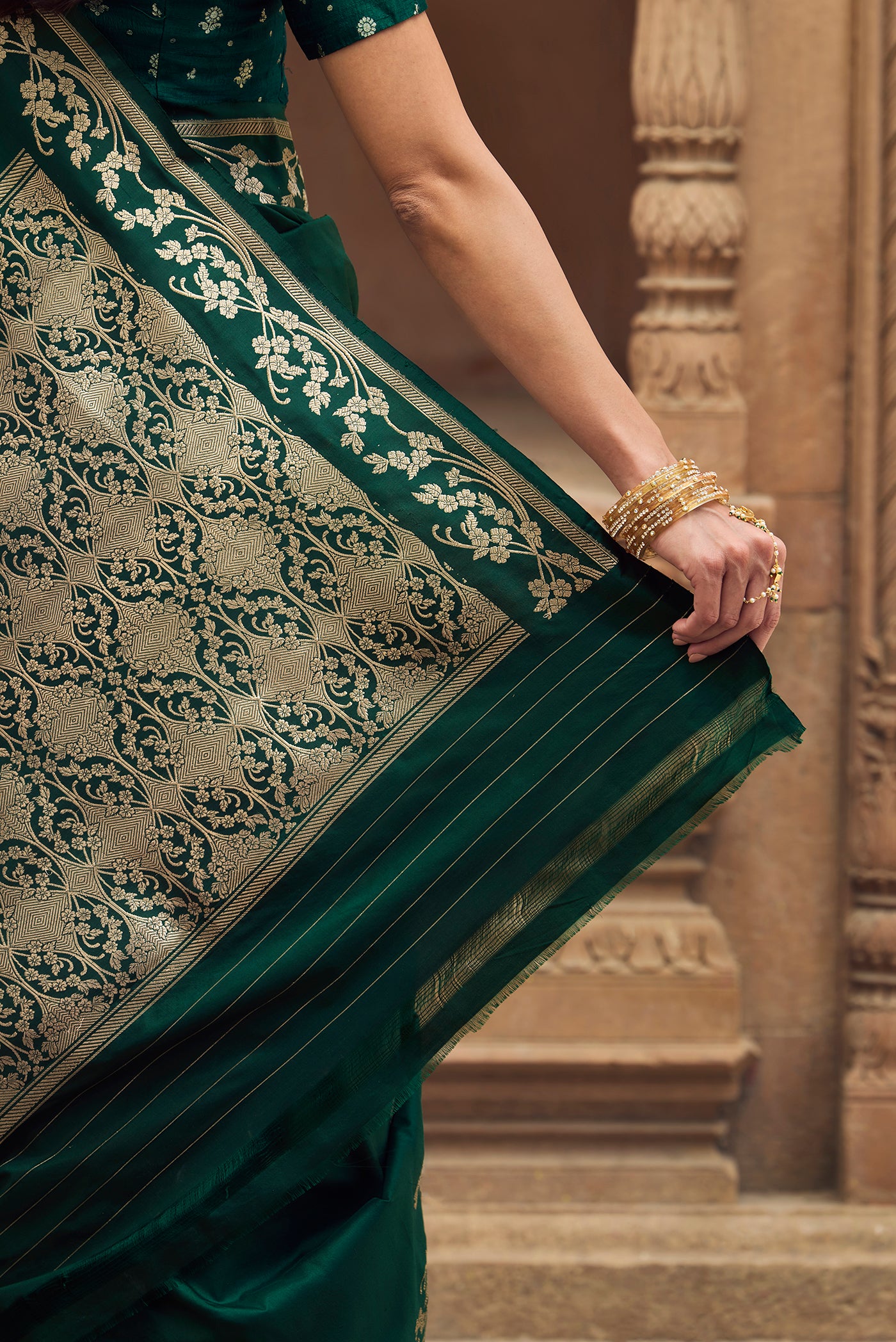 Gul - Deep Emerald Green Banarasi Katan Silk Saree